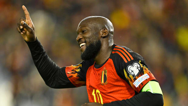 Belgium captain Romelu Lukaku pictured celebrating one of his four goals during a 5-0 win over Azerbaijan in November 2023